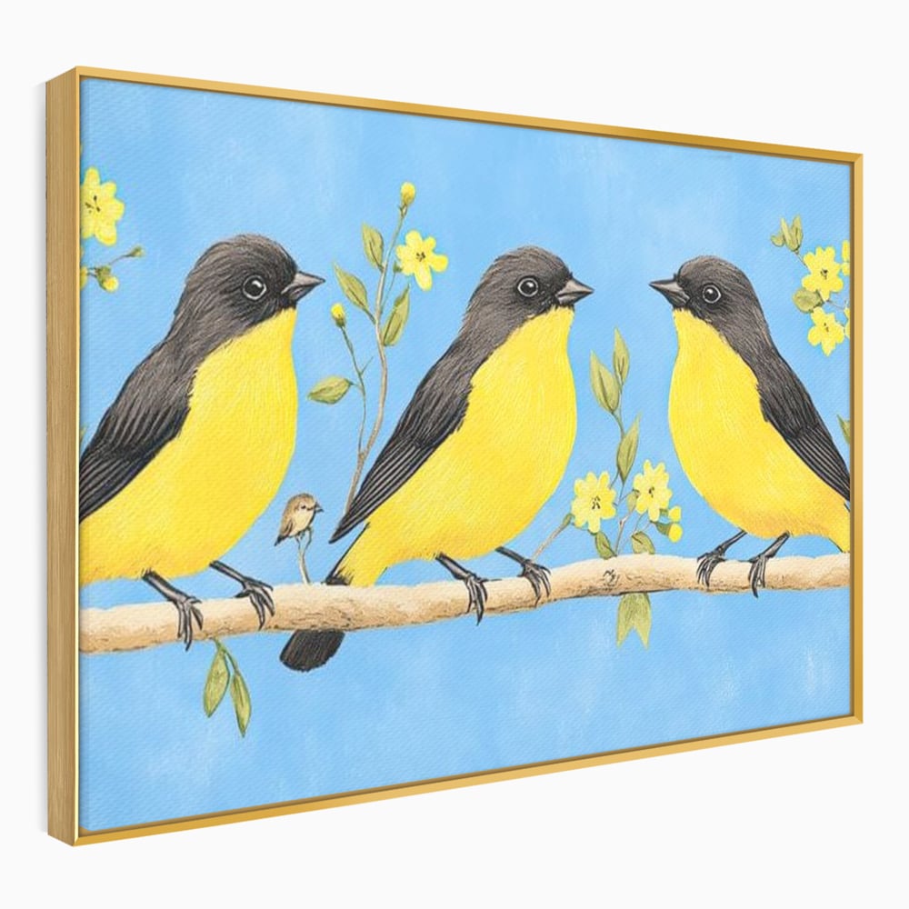 Tablou canvas cu tablou canvas cu trei pasari pe ramura, in rama de aluminiu auriu